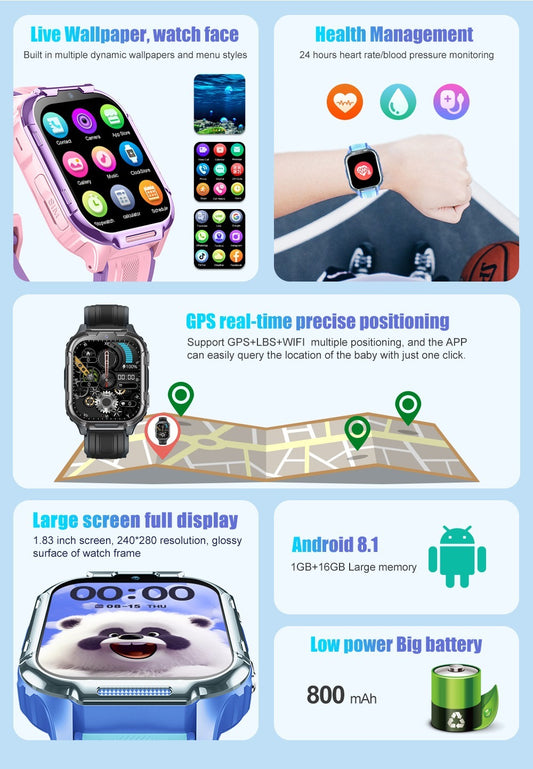 4G Kids Smart Watch With GPS Tracker, Video Call, SOS Safety Alert, WiFi Positioning, Camera, Sleep Monitor Pedometer Smartwatch For Boys And Girls