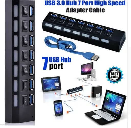 Hub USB 3.0 externe à 7 ports avec adaptateur d'alimentation Les Visionnaires