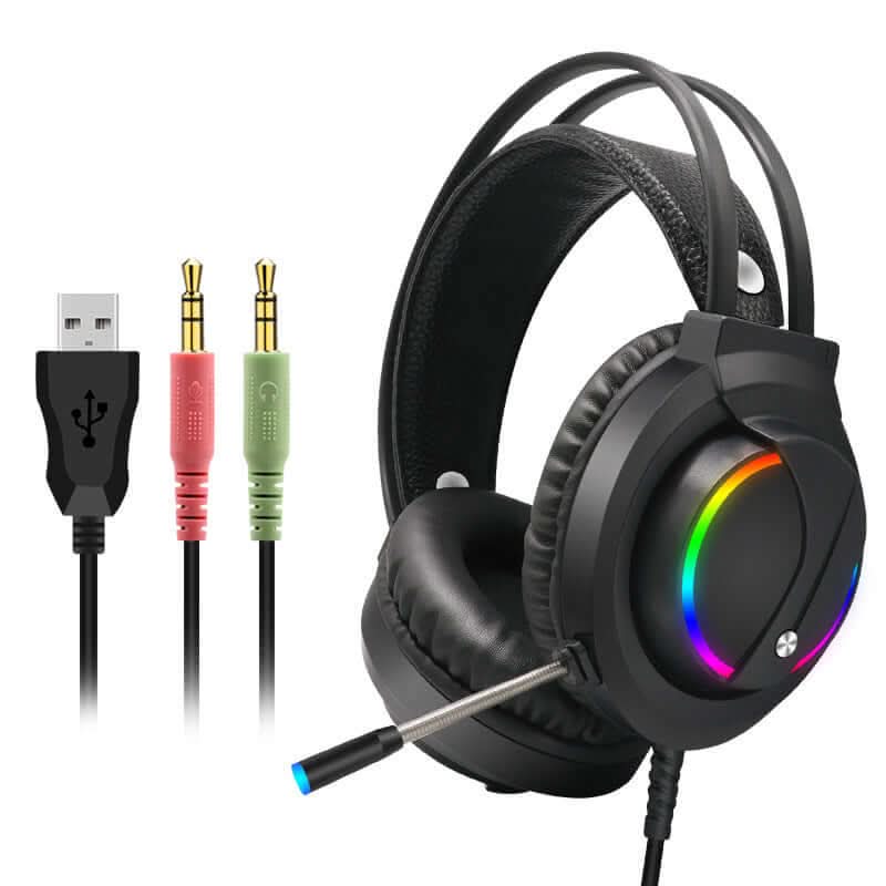 Casque Gaming Tuner K1 7.1 RGB avec éclairage personnalisable et câbles audio, idéal pour une immersion totale.