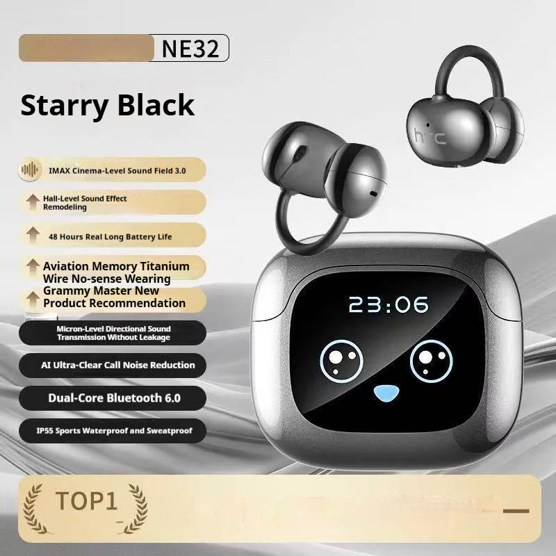 Casque Bluetooth HTC Burmester NE32 - Écouteurs Ouverts avec IA en noir affichant caractéristiques avancées.