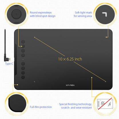 Tablette de dessin électronique XP-PEN – surface active 12 pouces, stylet sans pile, connectivité USB