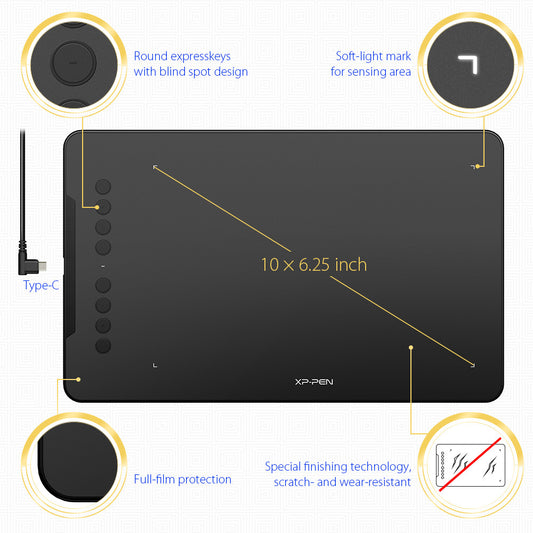 Tablette de dessin électronique XP-PEN – surface active 12 pouces, stylet sans pile, connectivité USB
