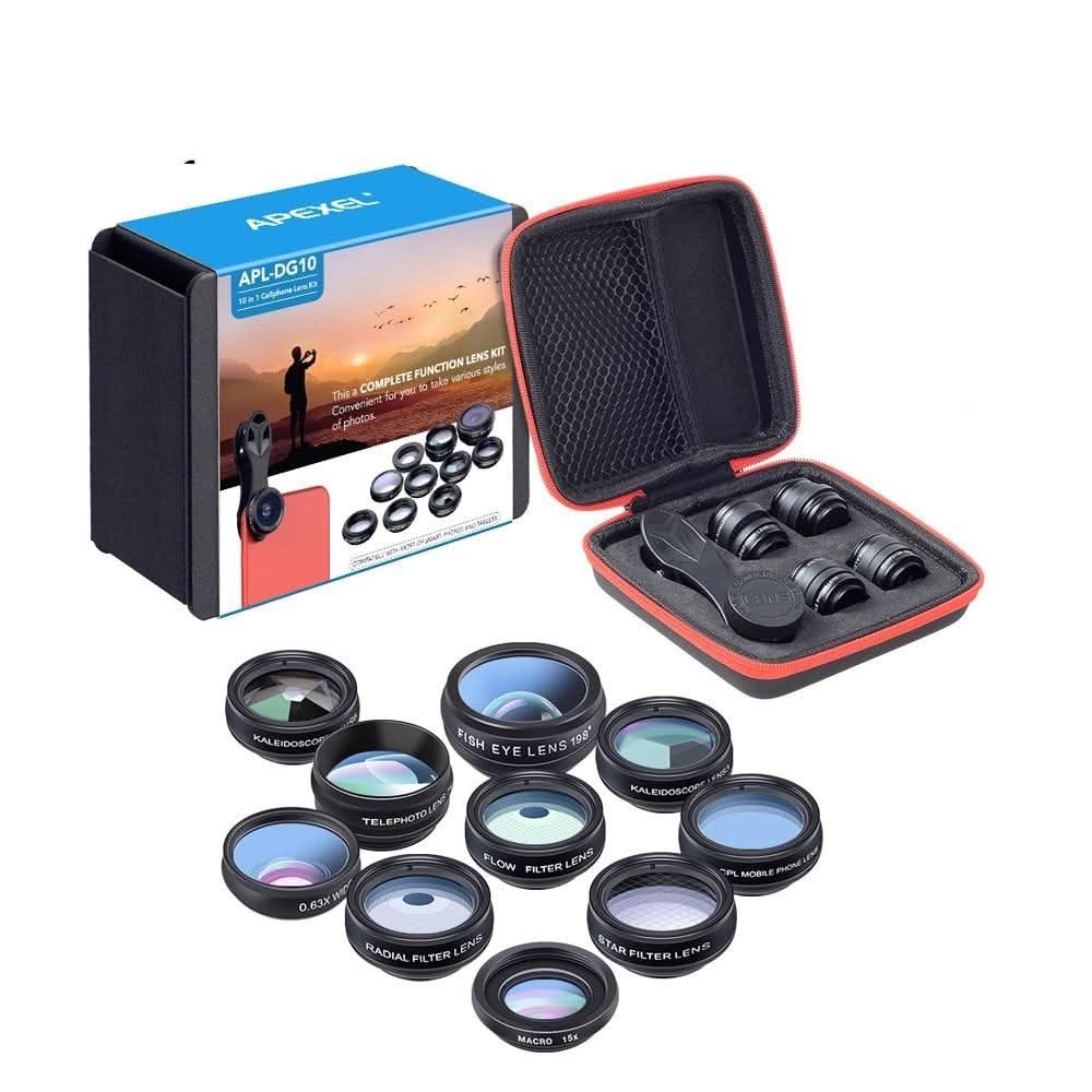 Kit de Lentilles APEXEL Universel 10 en 1 – Fisheye, Grand-Angle, Macro, Filtre CPL, Kaléidoscope
