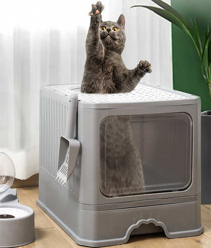 Maison de toilette pliable pour chat – bac à litière spacieux avec tiroir et double porte