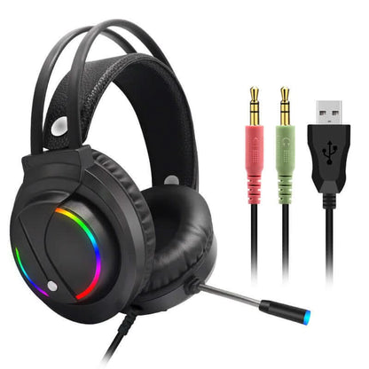 Casque Gaming Tuner K1 7.1 RGB avec éclairage RGB personnalisable et connecteurs audio.