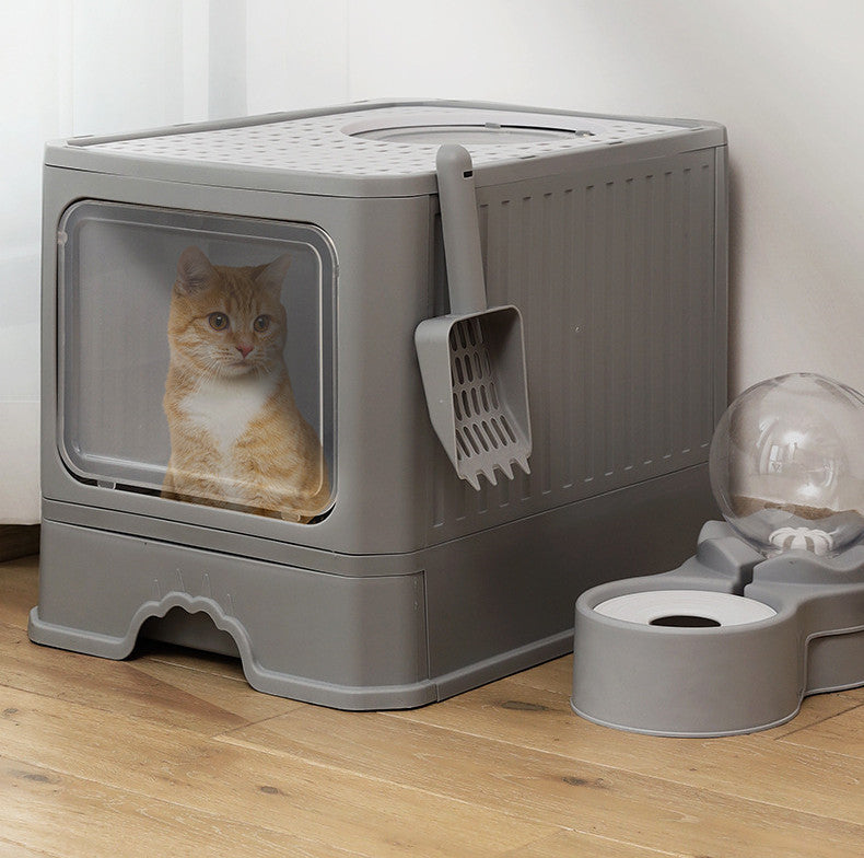 Maison de toilette pliable pour chat – bac à litière spacieux avec tiroir et double porte