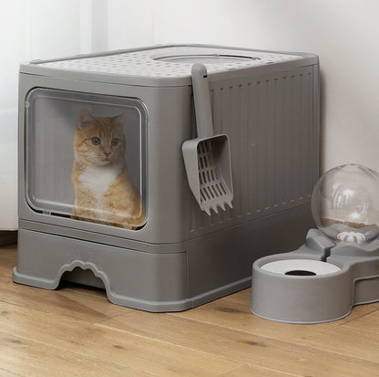 Maison de toilette pliable pour chat – bac à litière spacieux avec tiroir et double porte
