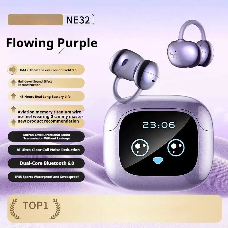 Casque Bluetooth HTC Burmester NE32 - Écouteurs Ouverts avec IA affichant un design innovant en Flowing Purple.