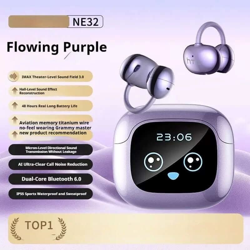 Casque Bluetooth HTC Burmester NE32 - Écouteurs Ouverts avec IA affichant un design innovant en Flowing Purple.