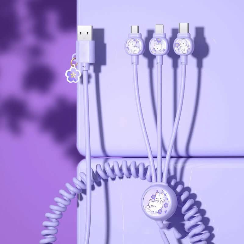 Câble de données 3-en-1 à ressort – USB multi-connecteurs, design créatif