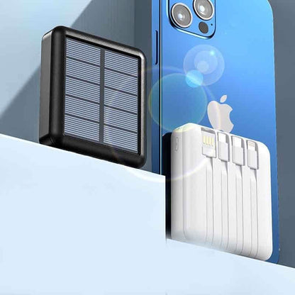 Mini batterie externe portable avec câble solaire et smartphone sur fond moderne