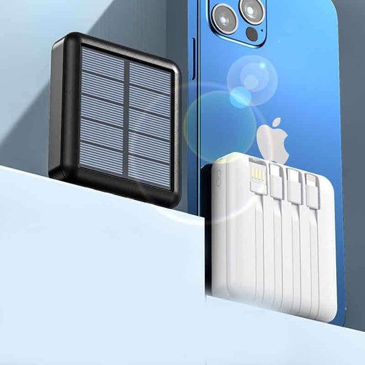 Mini batterie externe portable avec câble solaire et smartphone sur fond moderne