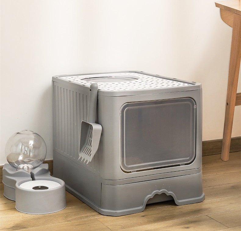 Maison de toilette pliable pour chat – bac à litière spacieux avec tiroir et double porte