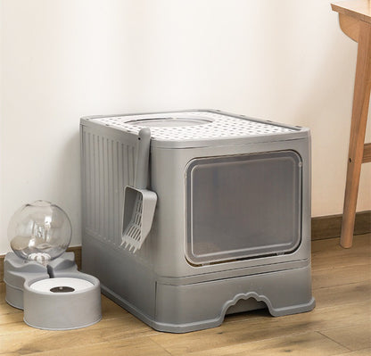 Maison de toilette pliable pour chat – bac à litière spacieux avec tiroir et double porte