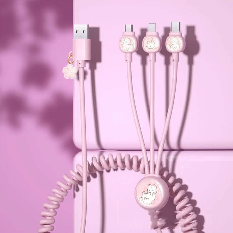 Câble de données 3-en-1 à ressort – USB multi-connecteurs, design créatif