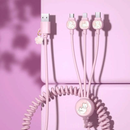 Câble de données 3-en-1 à ressort – USB multi-connecteurs, design créatif