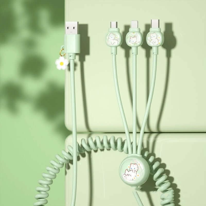 Câble de données 3-en-1 à ressort – USB multi-connecteurs, design créatif