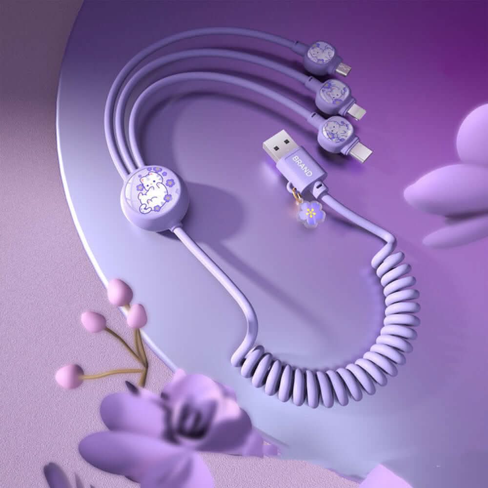 Câble de données 3-en-1 à ressort – USB multi-connecteurs, design créatif