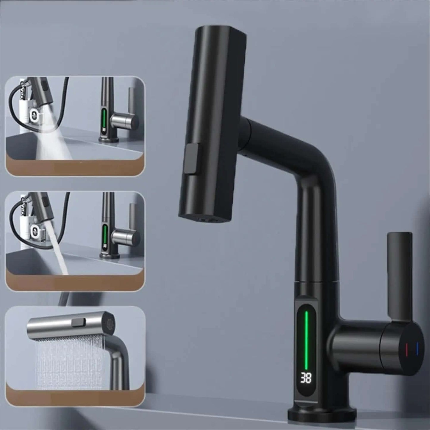 Intelligent Digital Display Faucet Pull-out Basin Faucet Temperature Digital Display Rotation Les Visionnaires