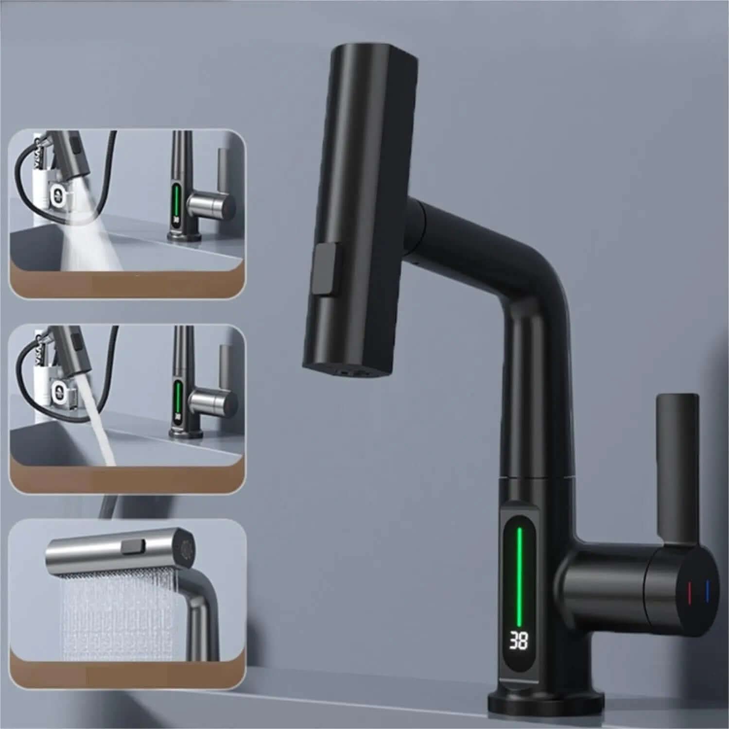 Intelligent Digital Display Faucet Pull-out Basin Faucet Temperature Digital Display Rotation Les Visionnaires