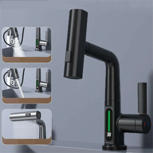 Intelligent Digital Display Faucet Pull-out Basin Faucet Temperature Digital Display Rotation Les Visionnaires