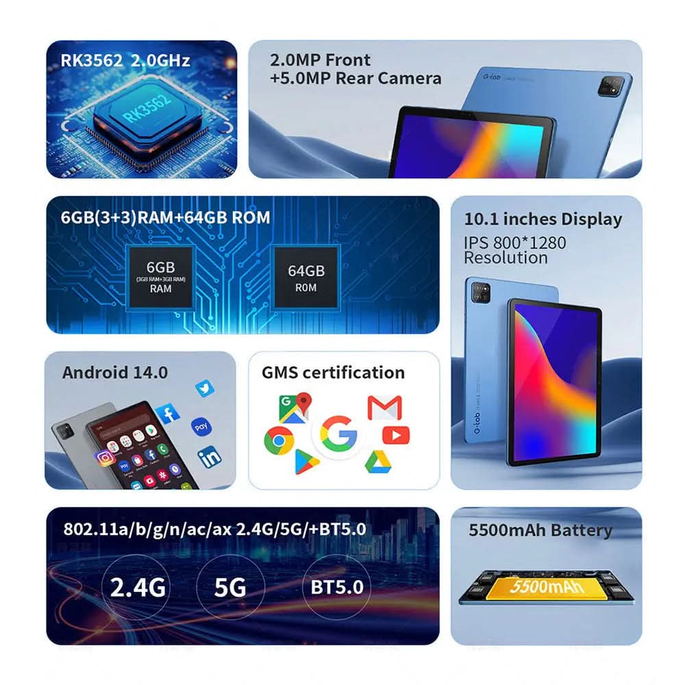 Tablette PC Android 14 de 10,1 pouces G-Tab T9 Rockchip RK3562 Les Visionnaires