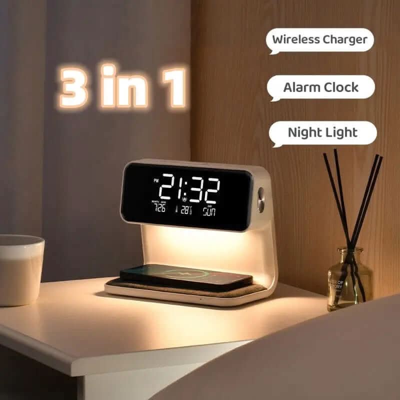 lampe de chevet 3-en-1 avec chargeur sans fil et réveil LCD Les Visionnaires