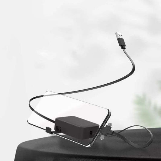 Câble USB rétractable multi-connecteur noir avec boîtier compact connecté à un smartphone