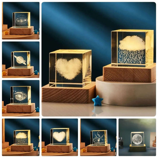 lampe de nuit en cube de cristal 3D transparent Les Visionnaires